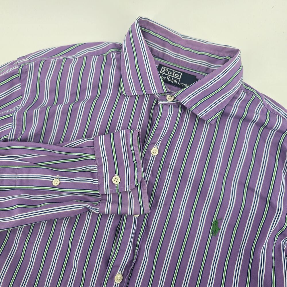 RALPH LAUREN Striped Button Up Shirt Mens L Purple Green 100% Cotton Long Sleeve
